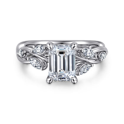 Charlina - 14K White Gold Floral Emerald Cut Diamond Engagement Ring