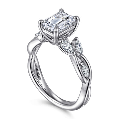 Charlina - 14K White Gold Floral Emerald Cut Diamond Engagement Ring