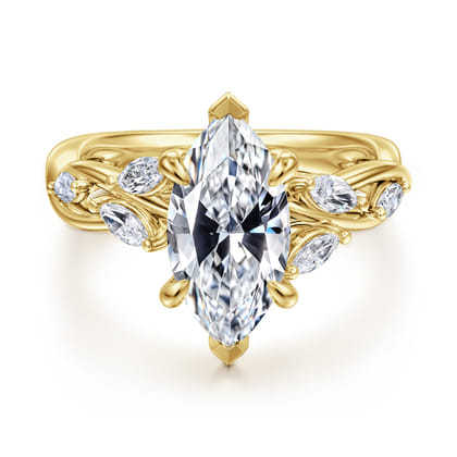 Charlina - 14K Yellow Gold 6 Prong Floral Marquise Shape Diamond Engagement Ring