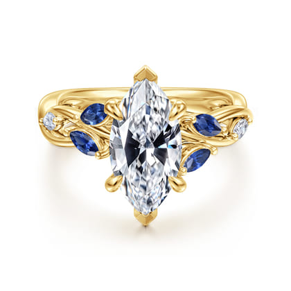 Charlina - 14K Yellow Gold 6 Prong Floral Marquise Shape Diamond and Sapphire Engagement Ring