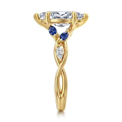 Charlina - 14K Yellow Gold 6 Prong Floral Marquise Shape Diamond and Sapphire Engagement Ring