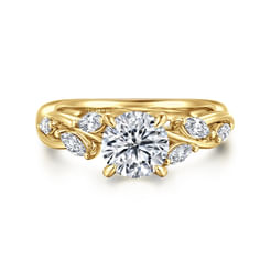 14K Yellow Gold Floral Round Diamond Engagement Ring
