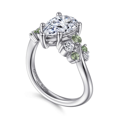 Charm - 14K White Gold Bypass Pear Shape Green Sapphire and Diamond Engagement Ring