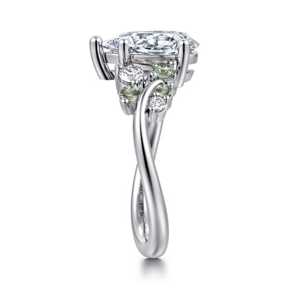 Charm - 14K White Gold Bypass Pear Shape Green Sapphire and Diamond Engagement Ring
