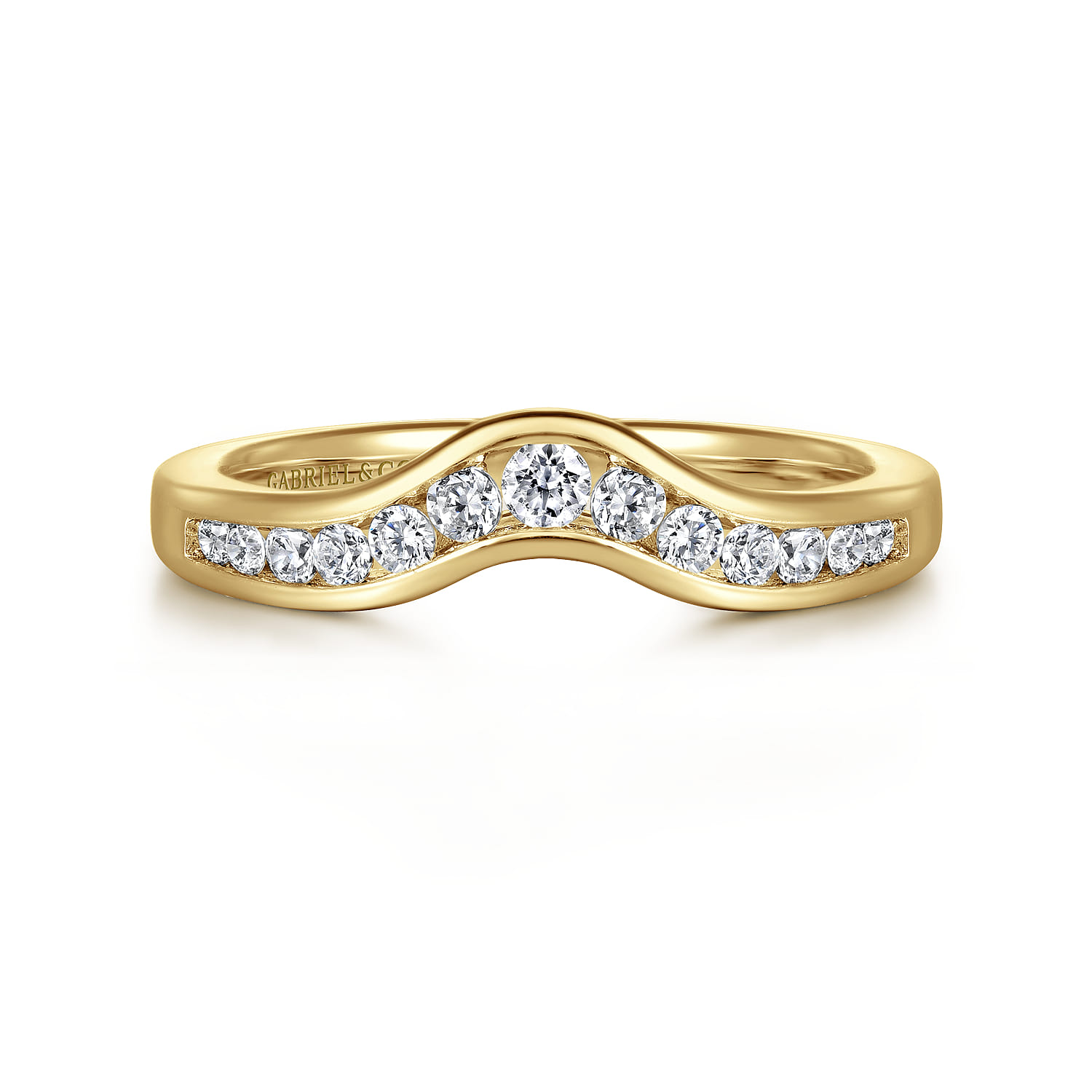 Curved Wedding Ring in 14k Yellow Gold with Round  at Gabriel & Co. - Shot 1