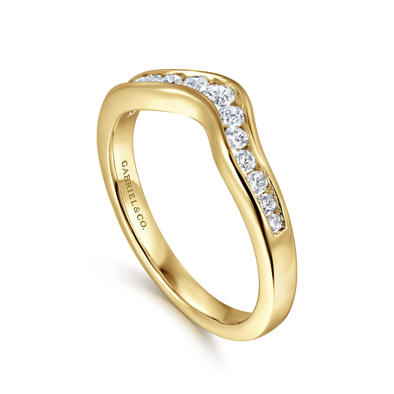 Curved Wedding Ring in 14k Yellow Gold with Round  at Gabriel & Co. - Shot 3