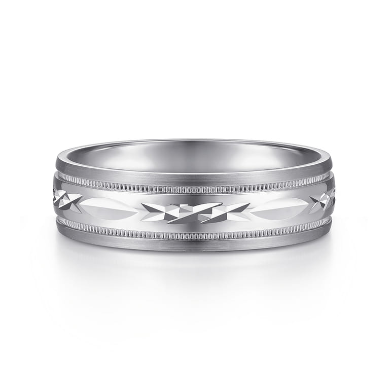 Christopher - 14K White 6mm - Engraved Men's Wedding Band in Satin Finish - Shot 1