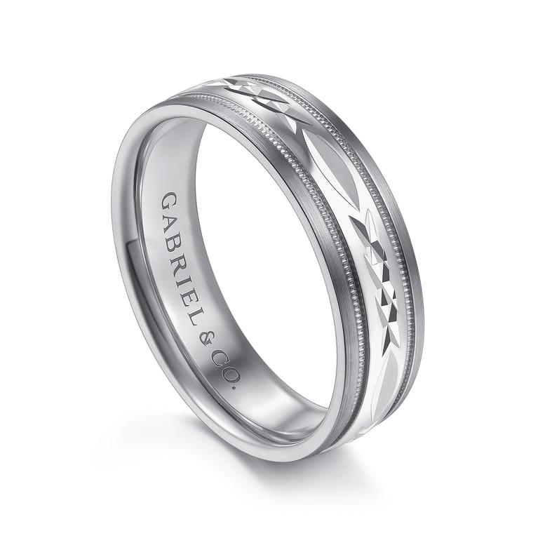 Christopher - 14K White 6mm - Engraved Men's Wedding Band in Satin Finish - Shot 3