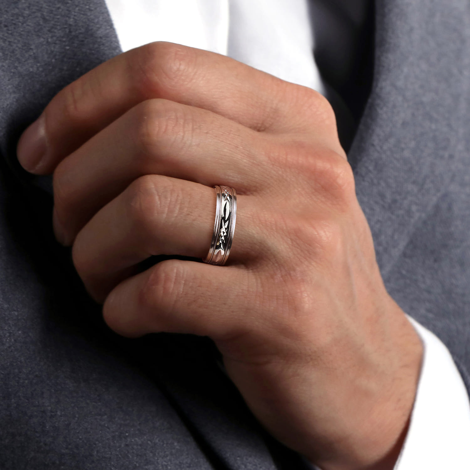 Christopher - 14K White 6mm - Engraved Men's Wedding Band in Satin Finish - Shot 5