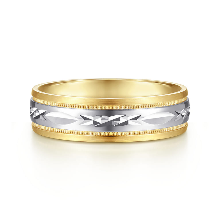 Christopher - 14K White-Yellow 6mm - Engraved Men's Wedding Band in Satin Finish - Shot 1