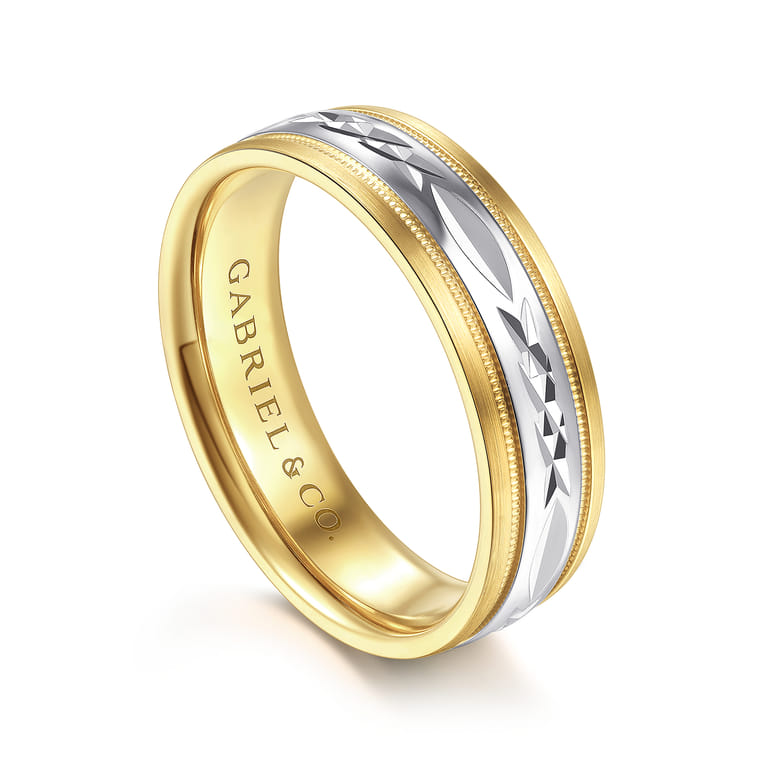 Christopher - 14K White-Yellow 6mm - Engraved Men's Wedding Band in Satin Finish - Shot 3