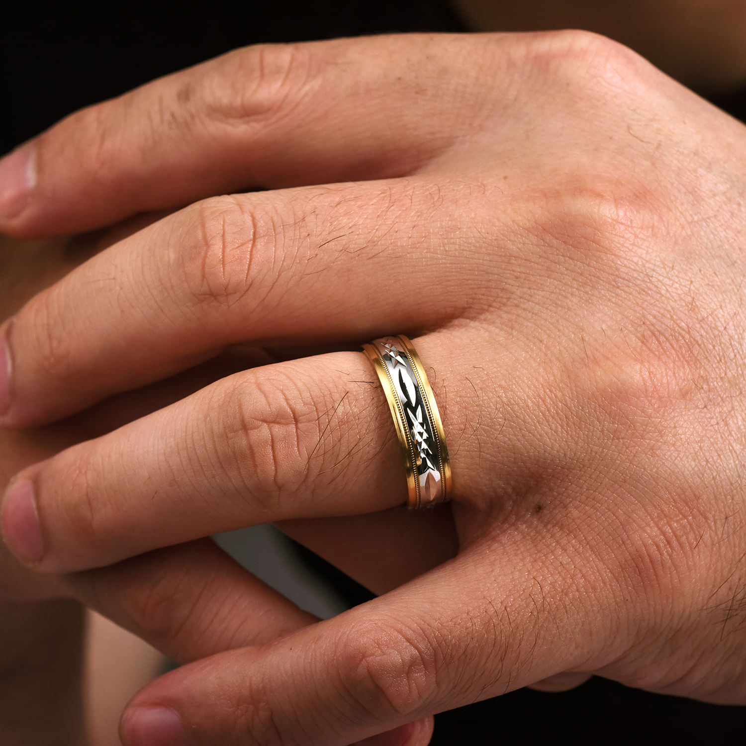 Christopher - 14K White-Yellow 6mm - Engraved Men's Wedding Band in Satin Finish