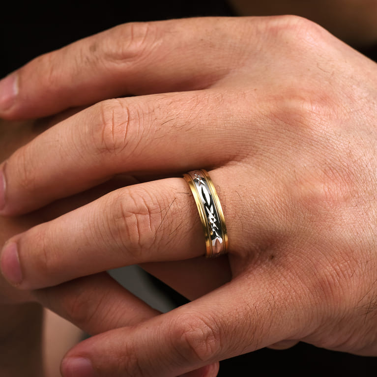 Christopher - 14K White-Yellow 6mm - Engraved Men's Wedding Band in Satin Finish - Shot 5