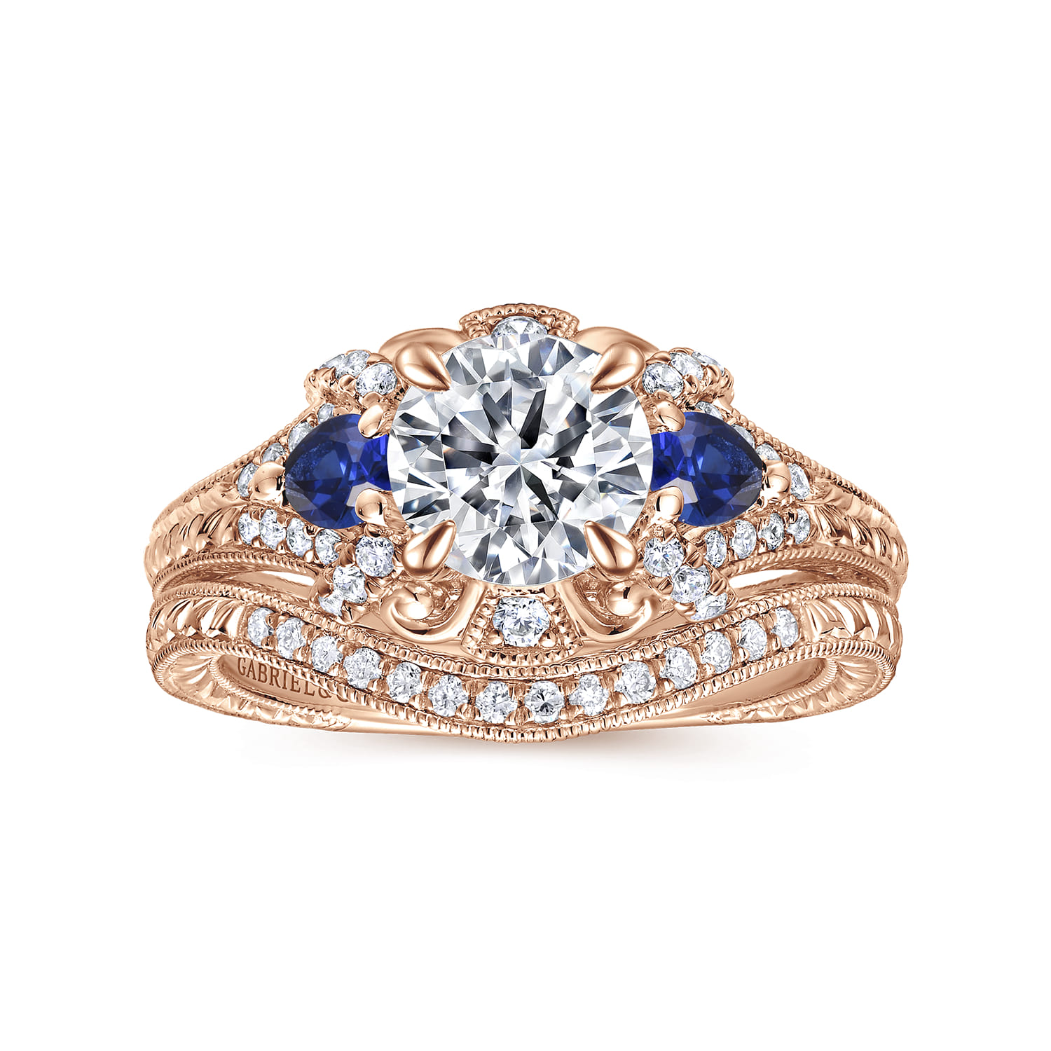 Chrystie - 14K Rose Gold Round Sapphire and Diamond Engagement Ring