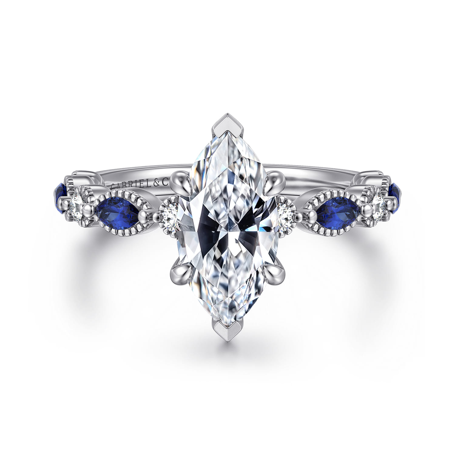 Cindie - 14K White Gold Round Sapphire and Diamond Engagement Ring