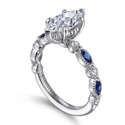Cindie - 14K White Gold Round Sapphire and Diamond Engagement Ring