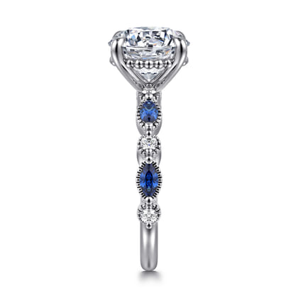 Cindie - 14K White Gold Round Sapphire and Diamond Engagement Ring