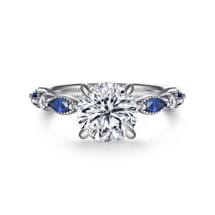 Cindie - 14K White Gold Round Sapphire and Diamond Engagement Ring