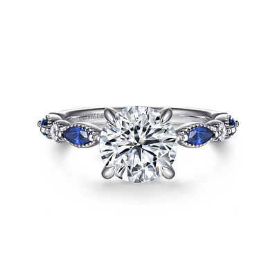 Cindie - 14K White Gold Round Sapphire and Diamond Engagement Ring