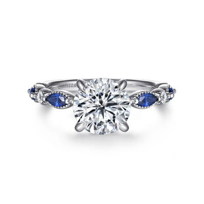 Cindie - 14K White Gold Round Sapphire and Diamond Engagement Ring