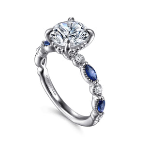 Cindie - 14K White Gold Round Sapphire and Diamond Engagement Ring
