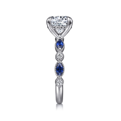 Cindie - 14K White Gold Round Sapphire and Diamond Engagement Ring