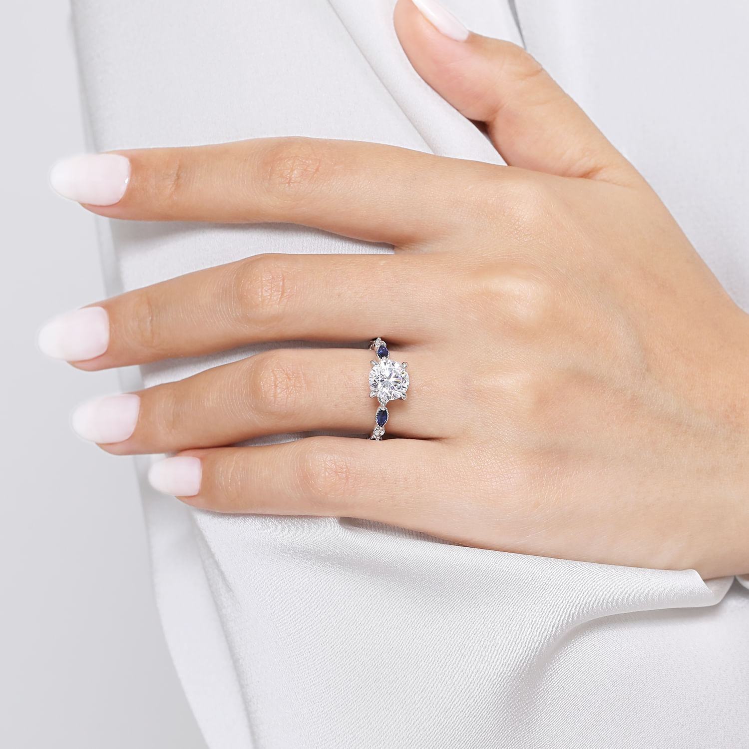 Cindie - 14K White Gold Round Sapphire and Diamond Engagement Ring