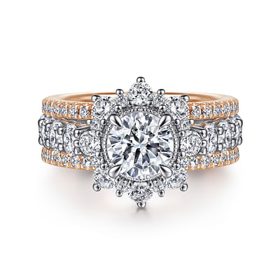 Clarence - 14K White-Rose Gold Fancy Halo Round Diamond Engagement Ring