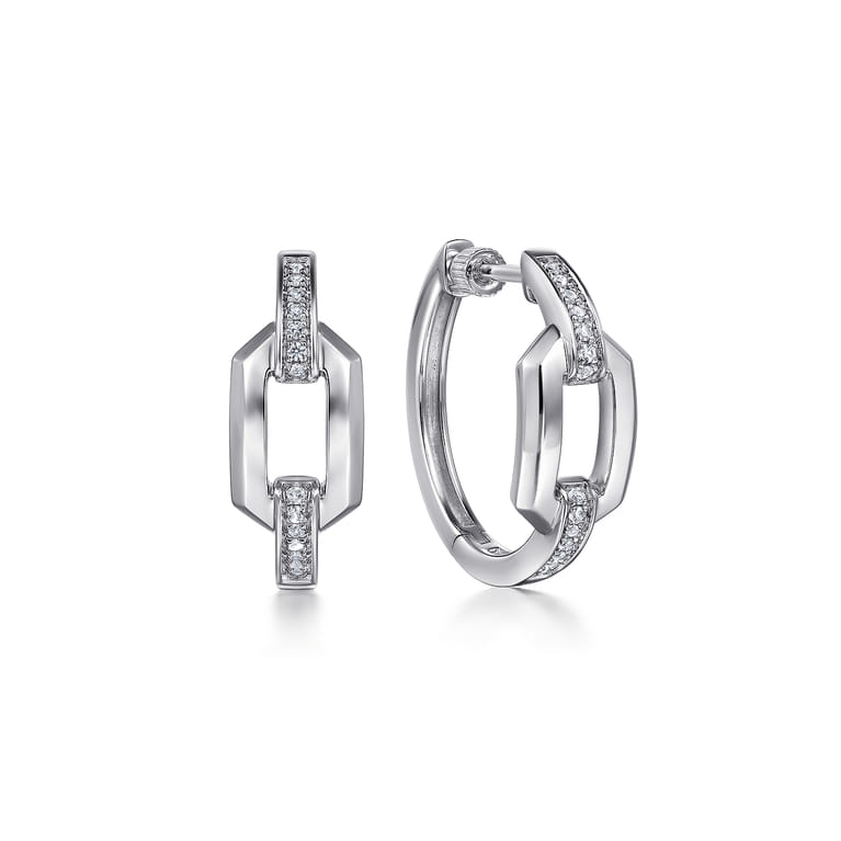 Classic Hoop Earrings Link 925 Sterling Silver White Sapphire - Shot 1