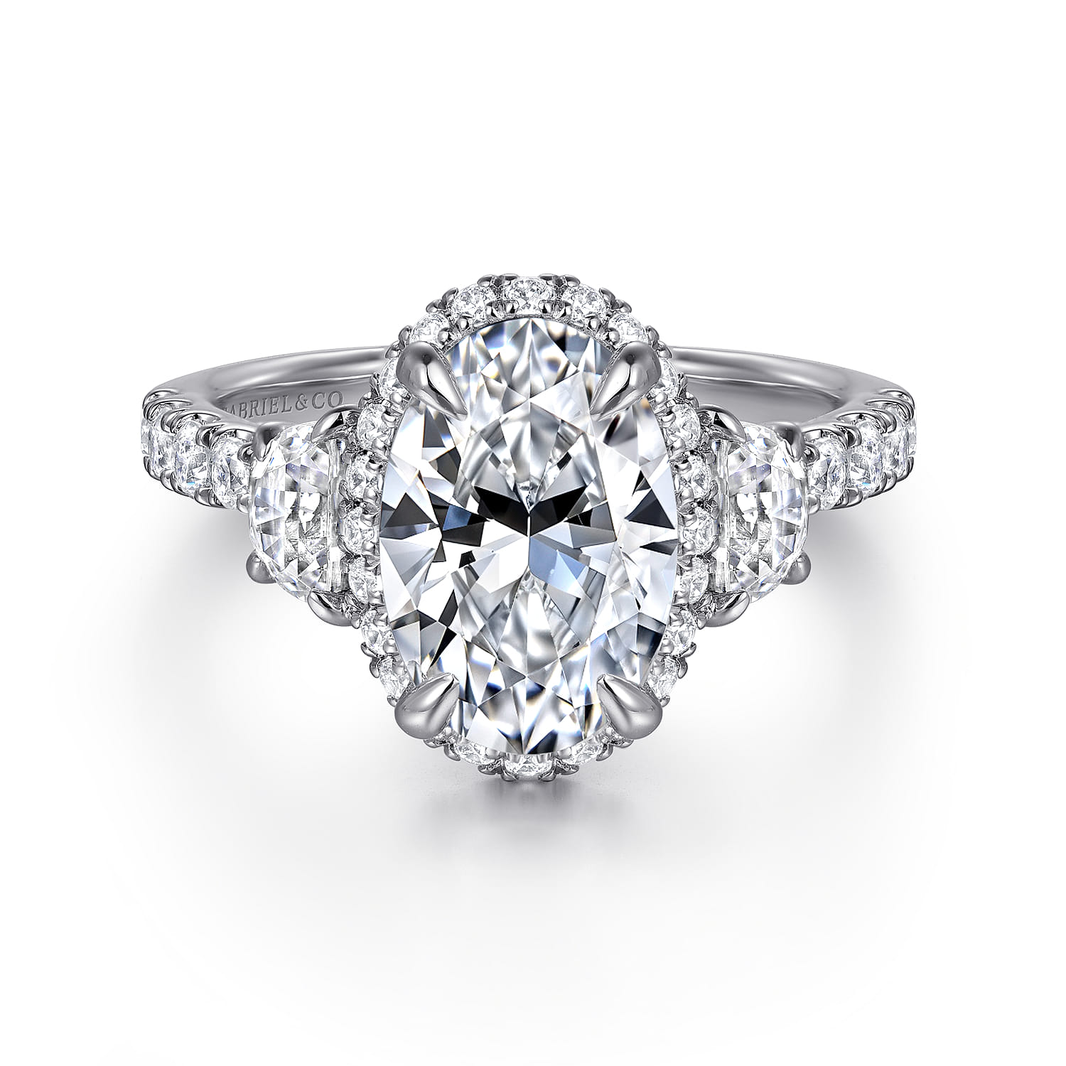 Cleopatra - 14K White Gold Oval Halo Three Stone Diamond Engagement Ring