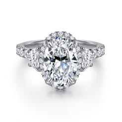 Cleopatra - 14K White Gold Oval Halo Three Stone Diamond Engagement Ring
