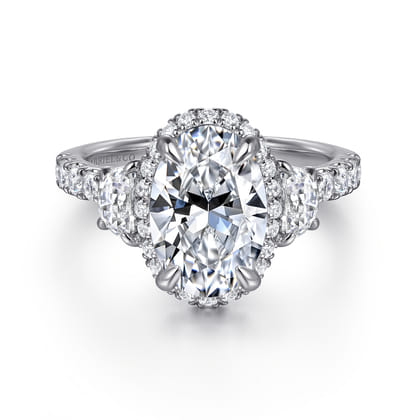 Cleopatra - 14K White Gold Oval Halo Three Stone Diamond Engagement Ring