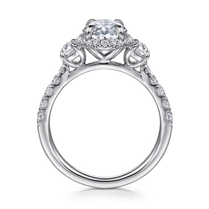 Cleopatra - 14K White Gold Oval Halo Three Stone Diamond Engagement Ring