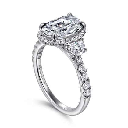 Cleopatra - 14K White Gold Oval Halo Three Stone Diamond Engagement Ring