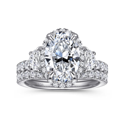 Cleopatra - 14K White Gold Oval Halo Three Stone Diamond Engagement Ring