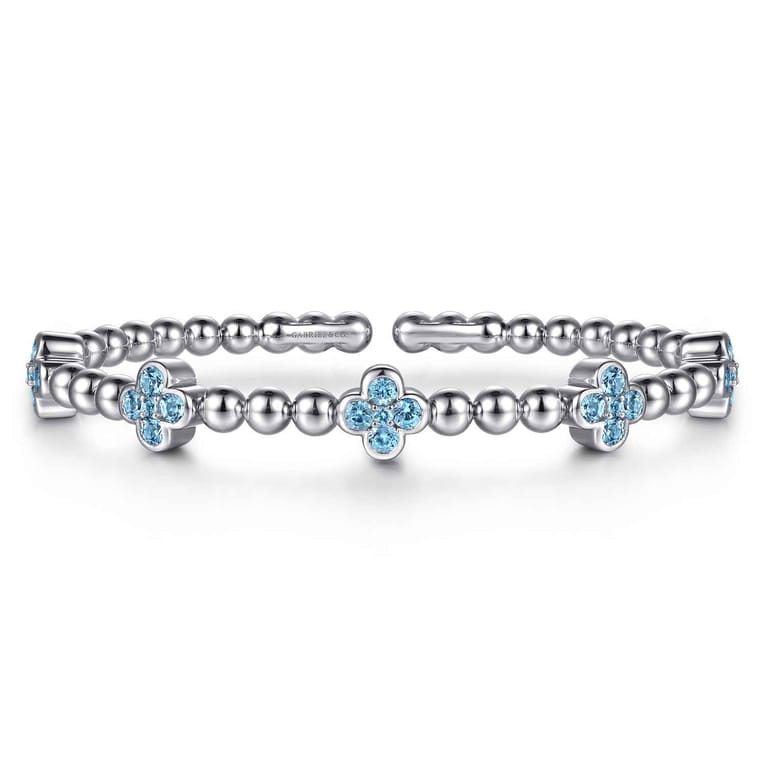 Clover - 925 Sterling Silver Blue Topaz Clover Bujukan Split Bangle Bracelet - Shot 1