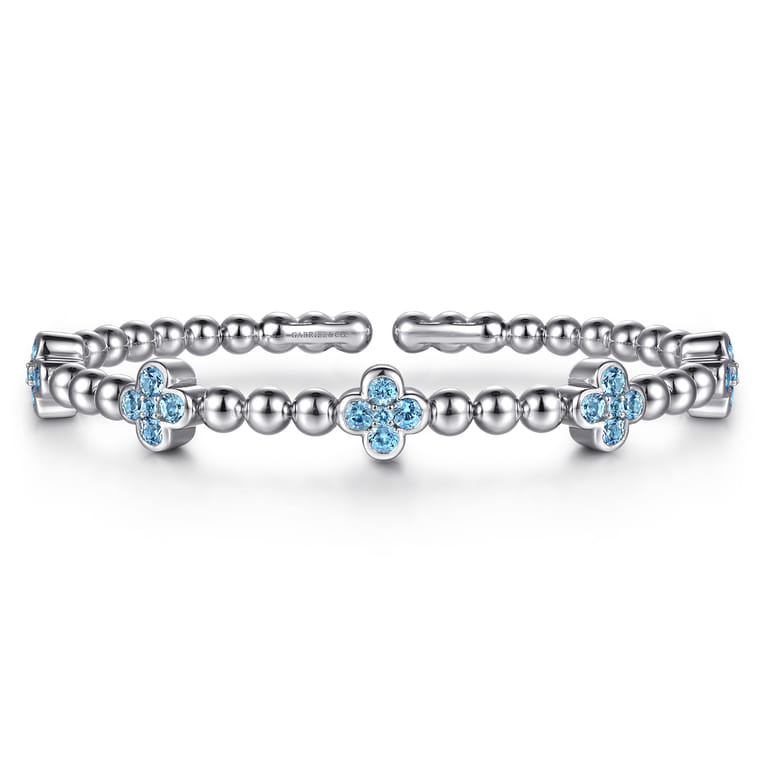 Clover - 925 Sterling Silver Blue Topaz Clover Bujukan Split Bangle Bracelet - Shot 1
