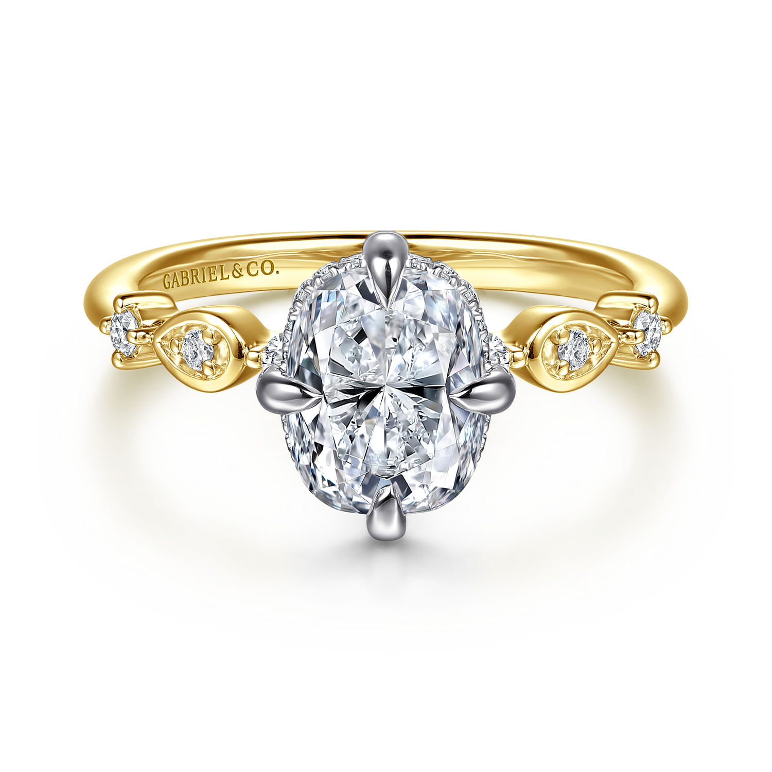 Clyde - 14K White-Yellow Gold Compass Prong Elongated Cushion Diamond Engagement Ring