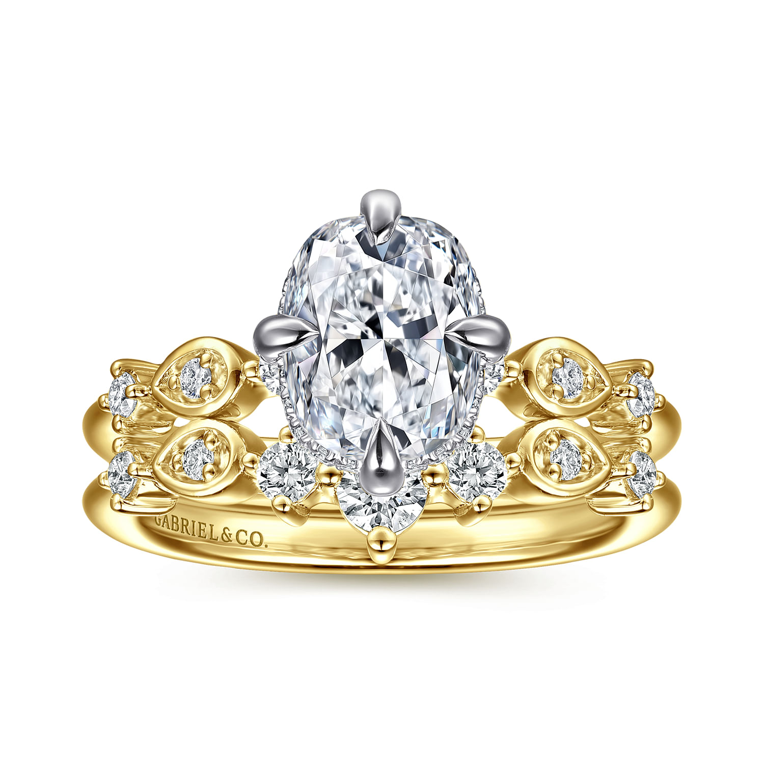Clyde - 14K White-Yellow Gold Compass Prong Elongated Cushion Diamond Engagement Ring