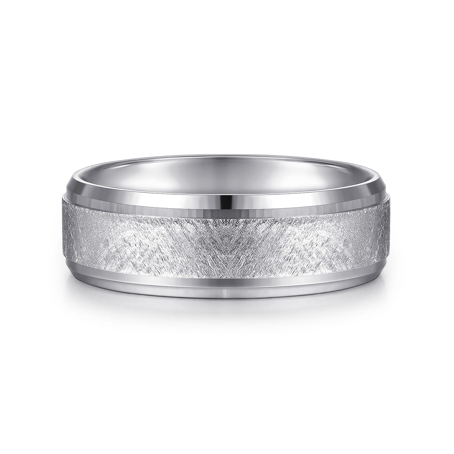 Cole - 14K White Gold 7mm - Beveled Edge Men's Wedding Band in Diamond Scratch Finish - Shot 1