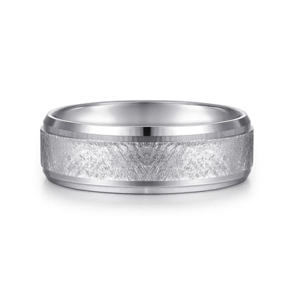 Cole - 14K White Gold 7mm - Beveled Edge Men's Wedding Band in Diamond Scratch Finish