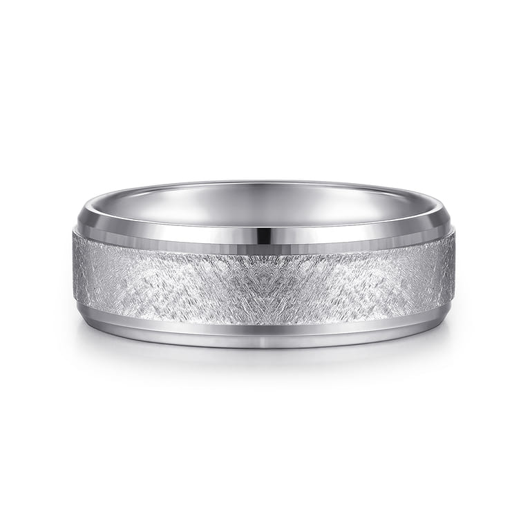 Cole - 14K White Gold 7mm - Beveled Edge Men's Wedding Band in Diamond Scratch Finish - Shot 1