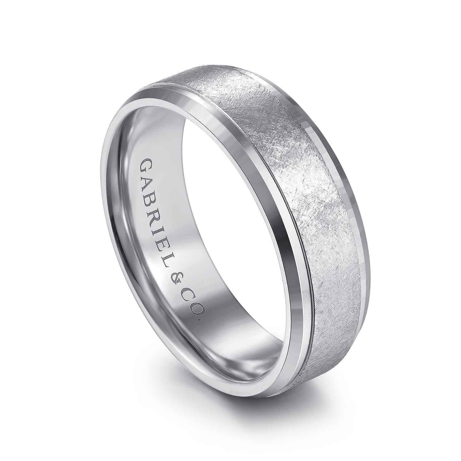 Cole - 14K White Gold 7mm - Beveled Edge Men's Wedding Band in Diamond Scratch Finish - Shot 3