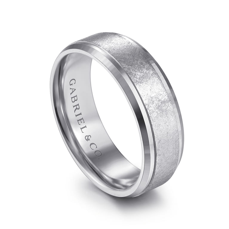 Cole - 14K White Gold 7mm - Beveled Edge Men's Wedding Band in Diamond Scratch Finish - Shot 3