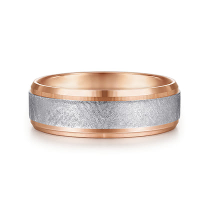 Cole - 14K White-Rose Gold 7mm - Beveled Edge Men's Wedding Band in Diamond Scratch Finish