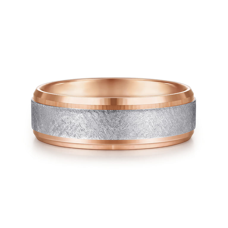 Cole - 14K White-Rose Gold 7mm - Beveled Edge Men's Wedding Band in Diamond Scratch Finish - Shot 1