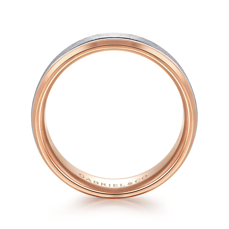Cole - 14K White-Rose Gold 7mm - Beveled Edge Men's Wedding Band in Diamond Scratch Finish - Shot 2