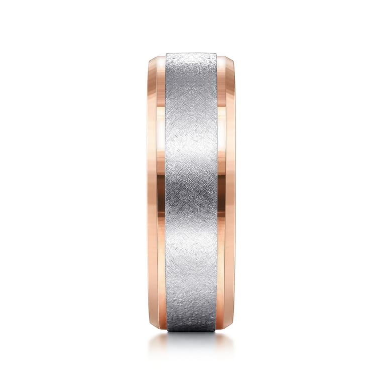 Cole - 14K White-Rose Gold 7mm - Beveled Edge Men's Wedding Band in Diamond Scratch Finish - Shot 4