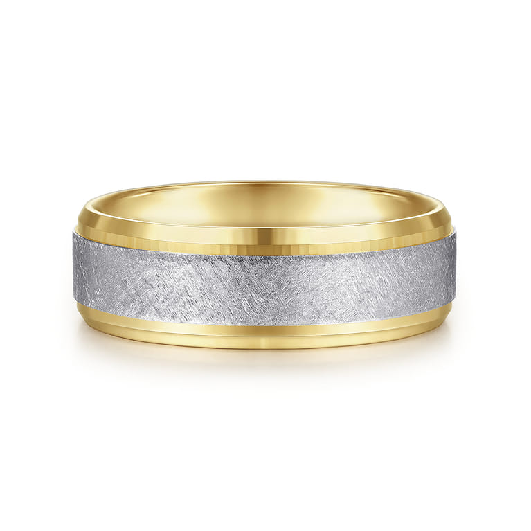 Cole - 14K White-Yellow Gold 7mm - Beveled Edge Men's Wedding Band in Diamond Scratch Finish - Shot 1