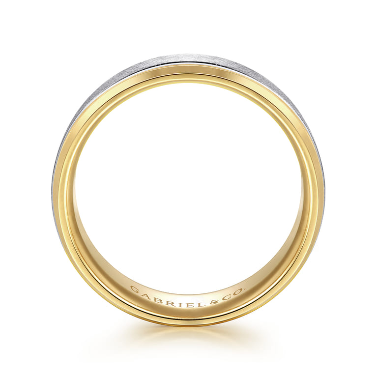 Cole - 14K White-Yellow Gold 7mm - Beveled Edge Men's Wedding Band in Diamond Scratch Finish - Shot 2
